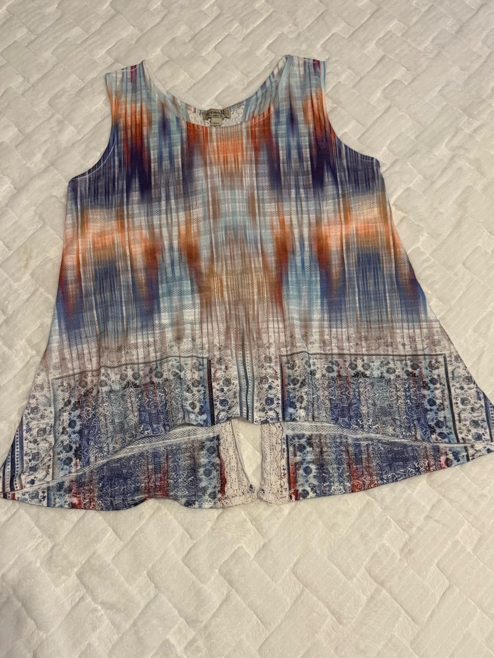 ONE WORLD Live and Let Live BohoMulticolor Blue and Orange Print Sleeveless Tank